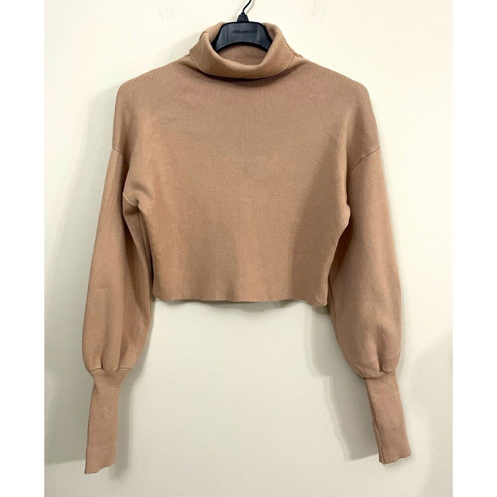 RIVIR Brown Rib-Knit Cropped Turtleneck Long Sleeve Pullover Sweater Size M